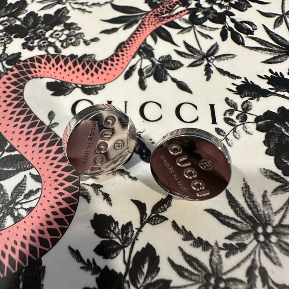 GUCCI earrings logo trademark stud sterling silver ITALY round box pouch post - Picture 6 of 9